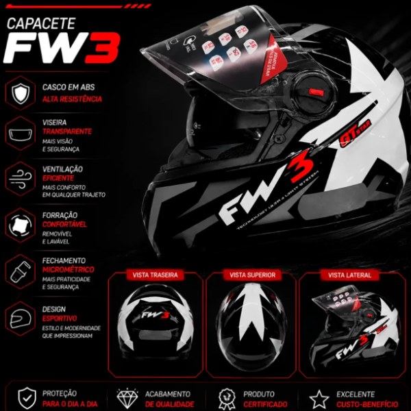 Capacete Fw3 Gtx Star Fechado C/ Narigueira E Oculos Interno